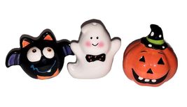 Halloween Salt and Pepper Shakers Lot of 3 Pumpkin Ghost Bat Whimsical C... - $11.68