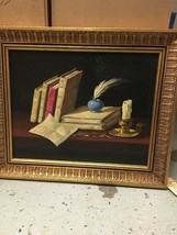 Beautiful Oil Painting Of Books, Candle, Quill In Ink, And Eye Glasses Framed - £80.63 GBP