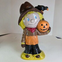 Vintage 1977 Macky Halloween Scarecrow Figurine Pumpkin Crow 10.25&quot; Hand... - $27.95