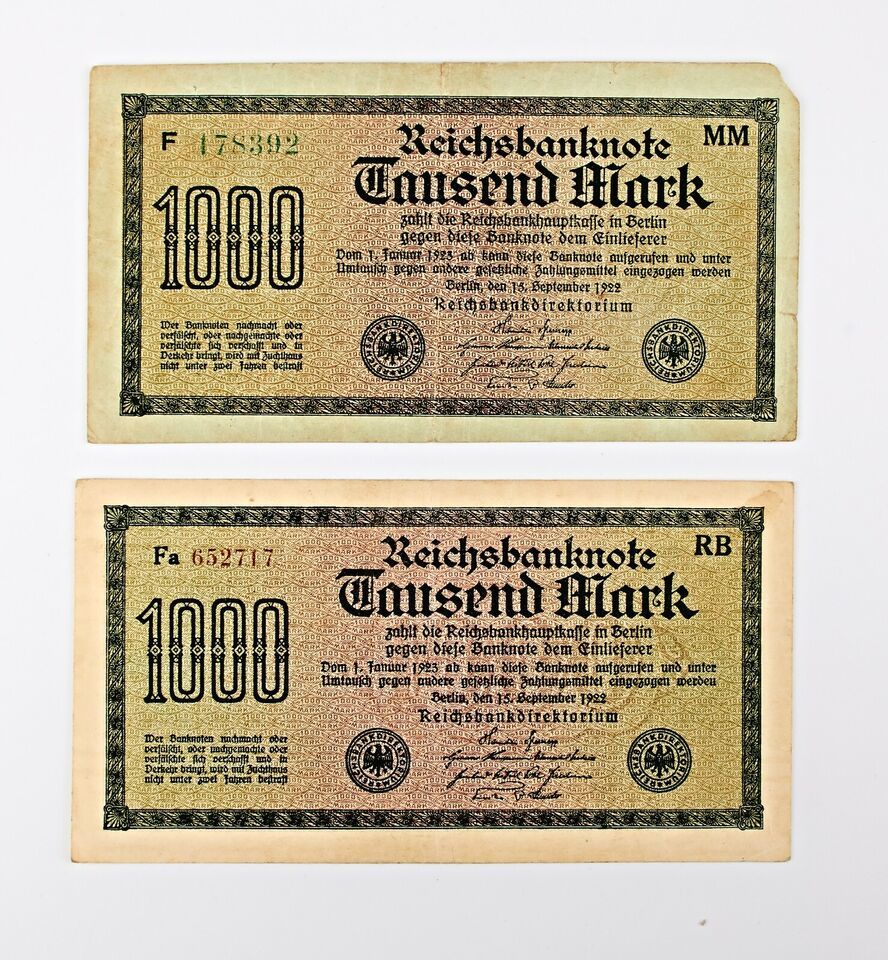 *GERMANY - 1000 REICHSBANKNOTE -  1922 - 2 TYPES - $4.84