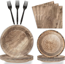 Rustic Wooden Tree Party Supplies Tableware Set 96 Pcs Lumberjack Party Decorati - £23.75 GBP
