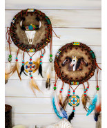 Pack of 2 Wild Horses Floral Cow Skull Dreamcatcher Beaded Feather Wall ... - $59.99