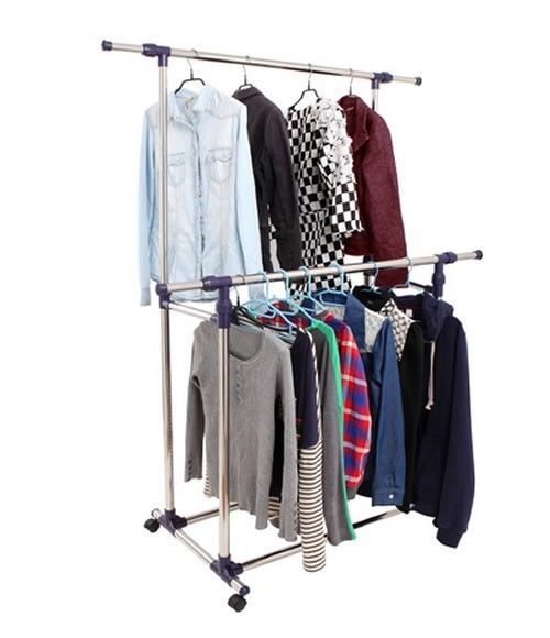 Garment Double Rack Bedroom Wardrobe Closet Organizer Storage Clothes Portable - £45.89 GBP