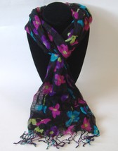 Black Flower Scarf Open Weave Floral Pink Blue Purple Fringe Head Neck Cover  - £16.08 GBP
