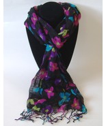 Black Flower Scarf Open Weave Floral Pink Blue Purple Fringe Head Neck C... - $20.00