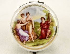 Porcelain Round Trinket Box, Brass Frame, Snuff or Pill Box, Neoclassical Art - £39.12 GBP