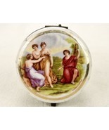 Porcelain Round Trinket Box, Brass Frame, Snuff or Pill Box, Neoclassica... - $66.73 CAD