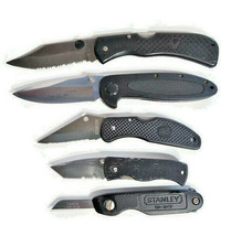 Lot of 5 Pocket Utility Knives Stainless Steel Blades Assorted Size Black Handle - £22.77 GBP