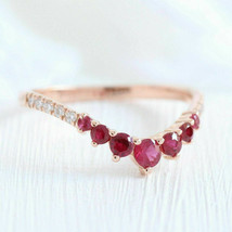 14K Rose Gold Finish 0.60Ct Round Red Ruby Diamond Curved Eternity Wedding Band - £73.07 GBP