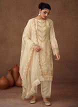 Beautiful Beige Designer Embroidered Organza Pant Suit - £58.07 GBP