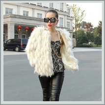 Long Tufted White Haired Ivory Faux Fur Short Coat Jacket Inside Covered Buttons image 3