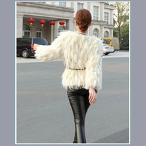 Long Tufted White Haired Ivory Faux Fur Short Coat Jacket Inside Covered Buttons image 4