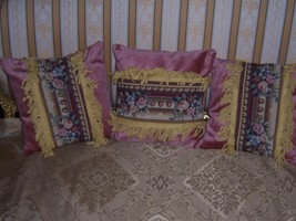 An item in the Home & Garden category: 3 RICH FRINGED FRENCH TAPESTRY FLORAL BANDS ON PINK MOIRE 13" SQUARE PILLOWS