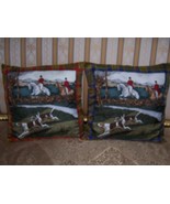 PAIR OF FRENCH SILK HUNTING SCENE PILLOWS ON PLAID RED BLUE16&quot; SQUARE PI... - £37.23 GBP