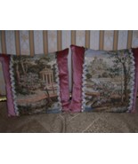 4 RICH FRENCH CASTLE &amp; PAVILLION TAPESTRY ON PINK MOIRE 16&quot; SQUARE PILLOWS - £101.63 GBP