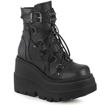 DEMONIA SHAKER-60 Women&#39;s  4&quot; Wedge Platform Black Vegan Lace-Up Ankle Boot - $113.95