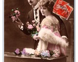 RPPC Tinted Beatiful Woman and Man w Flowers Bonne Annee New Year Postca... - $4.97