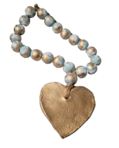 Wood Gold Teal Blue Large HEART Bead Garland Home Decor Wedding Valentines Boho  - £7.63 GBP