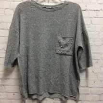 Zara Trafaluc Womens Pullover Sweater Gray Heathered Short Sleeve Pocket Beads S - £12.12 GBP