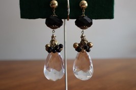 Black Bead Dangle Drop Large Crystal Rhinestones Pierced Earrings Gold T... - $267.48 MXN