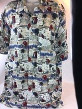 Men&#39;s ME Sport Button Up Shirt Rayon XL XLarge Postcards Hawaiian - £19.04 GBP