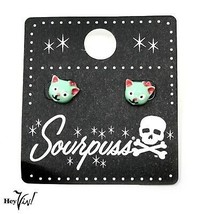 Sourpuss Mint Green Cat Stud Earrings - Cute Retro - 1/2&quot; -New on Card -Hey Viv - £9.59 GBP