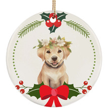 Cute Labrador Retriever Dog Puppy Flower Wreath Christmas Ornament Ceramic Gift - £11.66 GBP
