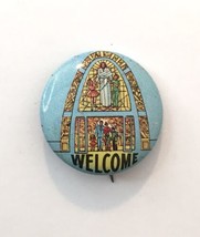 Vtg Jesus Christ Stained glass Church Welcome Pinback Button Pin from Concordia - £4.69 GBP