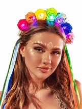 Rainbow Flower Light Up Headband Floral Glow Headbands Tassel Headpiece Led Rave - £24.95 GBP