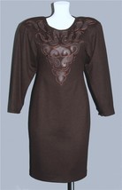 VTG Gimp Embroidered Cut-Out Leather Scroll Front Brown Knit Lined Dress... - £27.96 GBP