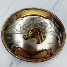 Vintage Large Trophy German Silver Western Horse Head Ribbon Scroll Belt Buckle - £38.87 GBP
