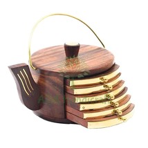 Sheesham Wood brass coated Kettle Shape Embedded Design  Tea Coasters set of 6 - £35.31 GBP