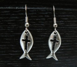 Pewter Fish w/ Cross Earrings - SP - £3.92 GBP