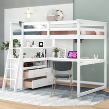 Full Size Loft Bed With Desk And Shelves,Two Built-In Drawers,White - $648.39