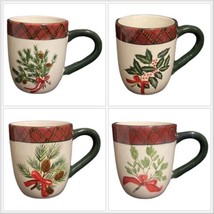 Sakura Holiday Greens 4-Mugs Red Green Plaid Border Coffee Tea  Stoneware Cup - £30.86 GBP