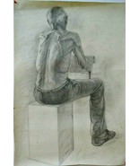 Vintage Original Signed Graphic Drawing. &quot;Sitting Man&quot; .Signed - £29.21 GBP