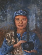 L Cahill Pottery Girl Portrait Acrylic Painting Native American Indian Clay Pot - £255.65 GBP