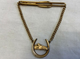 Swank Gold Tone Horse Shoe Horse Head Lucky Tie Bar Chain - £23.73 GBP
