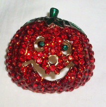 JACK-o-LANTERN Pumpkin Pin Brooch Halloween Bright Orange Rhinestones Prong Set - £15.97 GBP