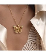 Unique Butterfly Pendant Necklace 18K Gold  over Stainless Steel CZ wate... - $32.37 CAD
