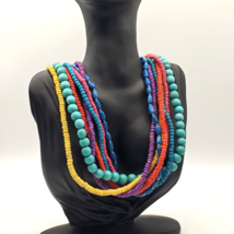 Multi Strand Wooden Necklace Beaded Colorful Purple Blue Yellow Boho - $16.78