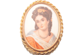 Vintage Limoges France Porcelain Painted Lady Portrait Oval Pin Brooch 1.75 Inch - £14.70 GBP