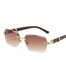 Men&#39;s Woodgrain Brown Tint Retro Rimless Vintage Gold Frame Hip Hop Sunglasses - £15.46 GBP