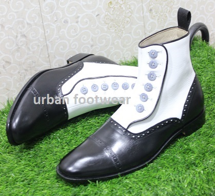 New Men's Handmade Formal Shoes Black & White Leather Ankle High Button Boots