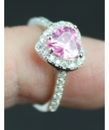 sterling silver ring ladies pink sapphire SIZE 5 ESTATE heart valentine ... - £31.44 GBP