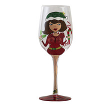 Santa Helper Green Hat Red Dress Girl Wine Glass Goblet - $20.00