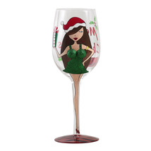 Santa Helper Girl Red Hat Green Dress Wine Glass Goblet - $20.00