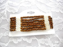 7 ROW WIDE DARK BROWN WOODEN BEADS STRETCH BRACELET &amp; SEED BEAD ACCENTS - $3.99