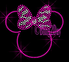 PINK Outlined Minnie - Zebra Bow - Iron on Rhinestone Transfer Bling Hot Fix DIY - £6.36 GBP