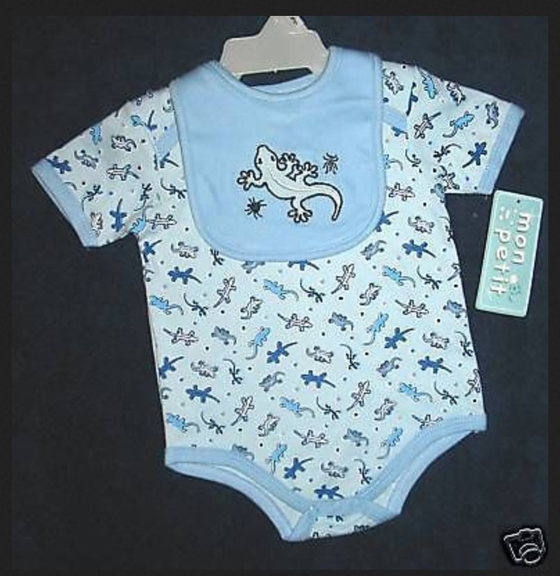 Primary image for BOYS 3-6 OR 6-9 MONTHS - Mon Petit - Geckos & Bugs on Blue BIB & BODYSHIRT SET